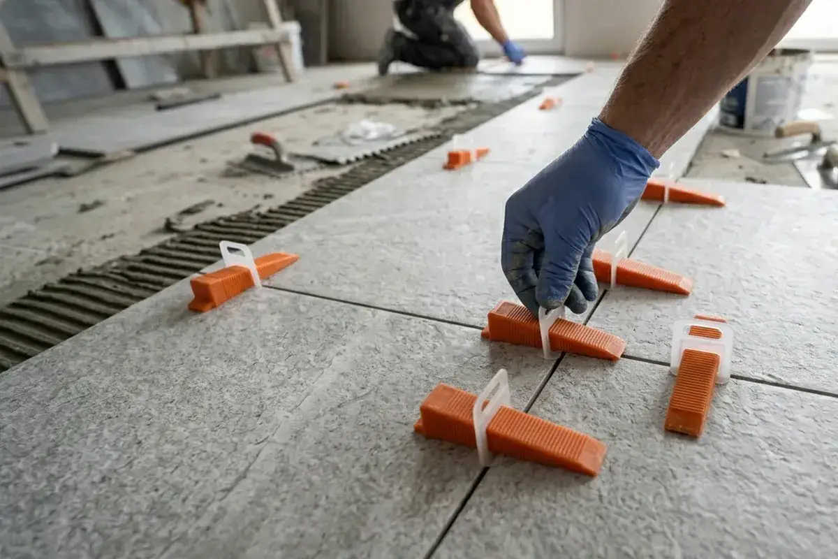 Mano con guanto blu posiziona cunei arancioni per livellare le piastrelle durante la posa pavimenti.