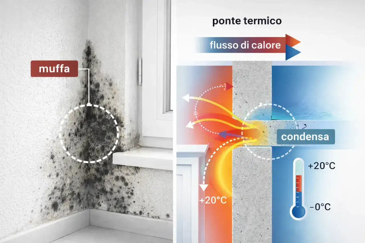 Angolo di una stanza con muffa. Illustrazione di un ponte termico che causa condensa e muffa, uno degli svantaggi del cappotto interno.