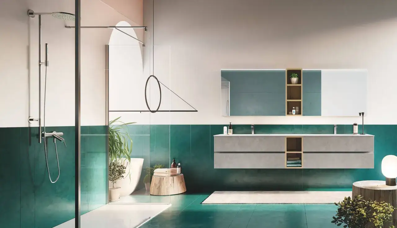 Bagno moderno con doccia, vasca e doppio lavabo. Le recensioni su puntotre arredobagno confermano l'eleganza e la funzionalit&agrave;.