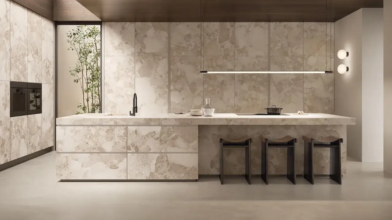 Elegante isola con piano in marmo e sgabelli, perfetta per lappare in cucina. Pareti con finitura in pietra e forno a vista.