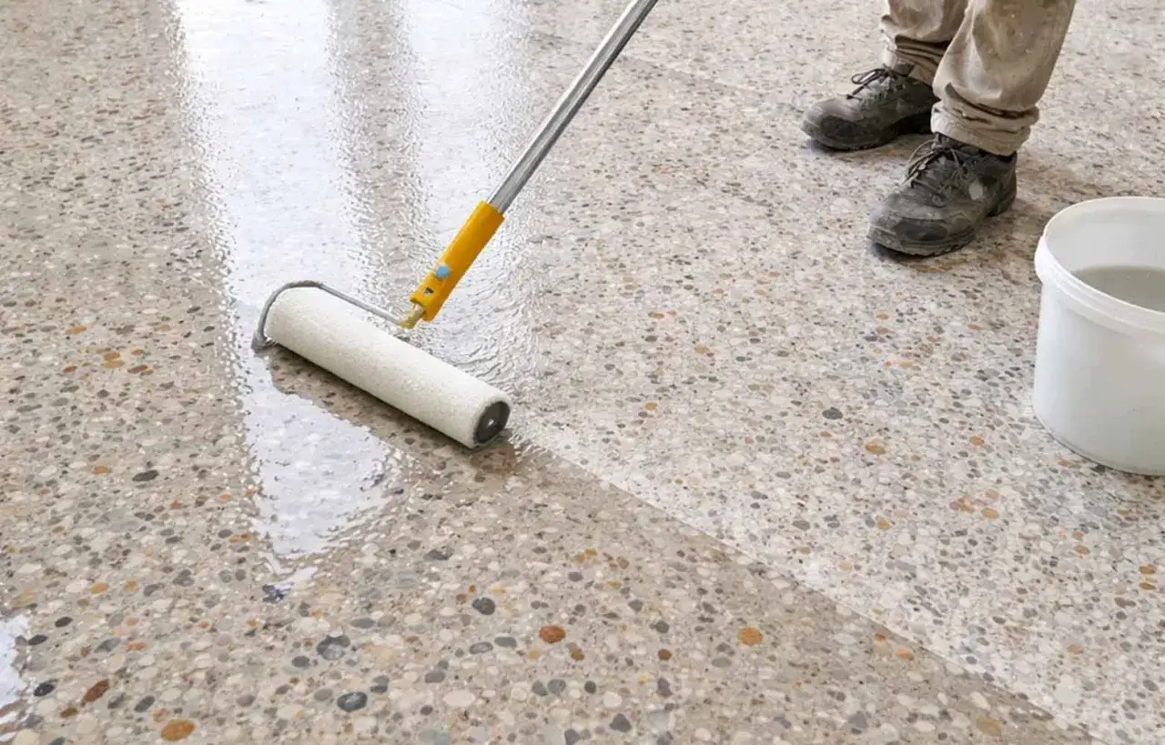 Rullo applica liquido protettivo su pavimento in graniglia. Ecco come pulire pavimento terrazzo per un risultato brillante.