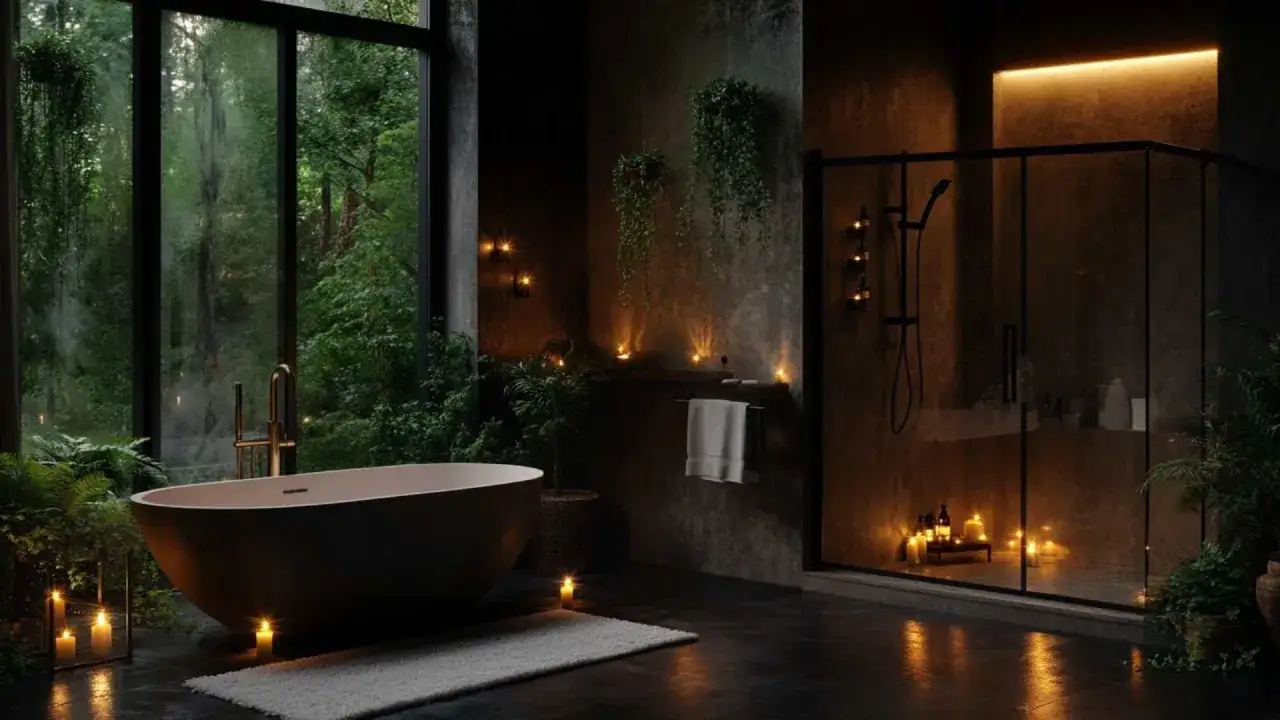 Un bagno effetto spa con vasca freestanding, doccia in vetro, piante rigogliose e luci soffuse di candele crea un'atmosfera rilassante e lussuosa.