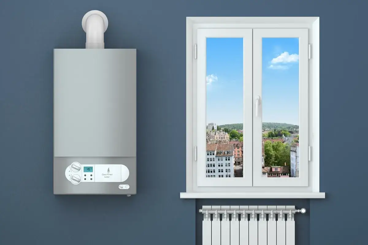 Caldaia a gas moderna e radiatore bianco, parte di soluzioni per il risparmio energetico, con vista su un paesaggio urbano da una finestra.
