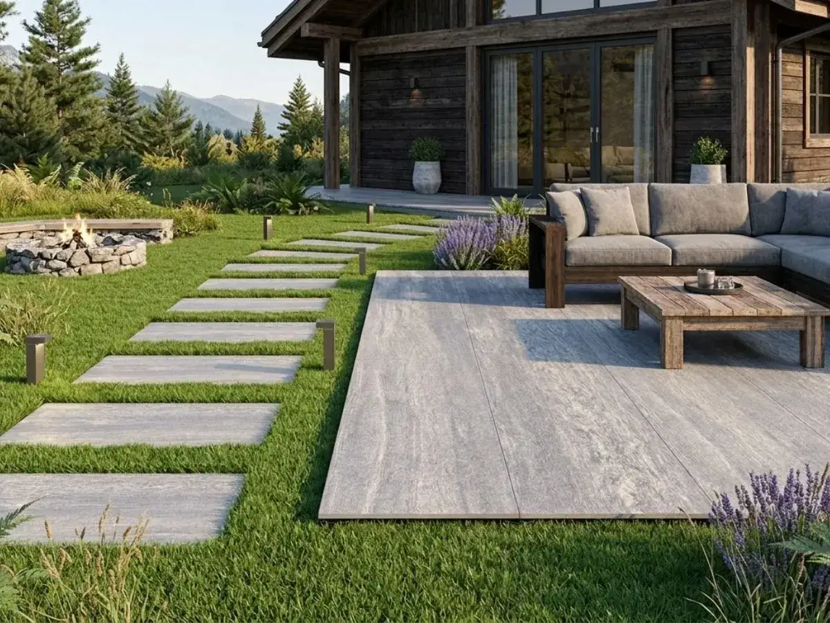 Sentiero in pietra di Vals conduce a un accogliente patio con divano e tavolino, circondato da un giardino verde e un focolare.