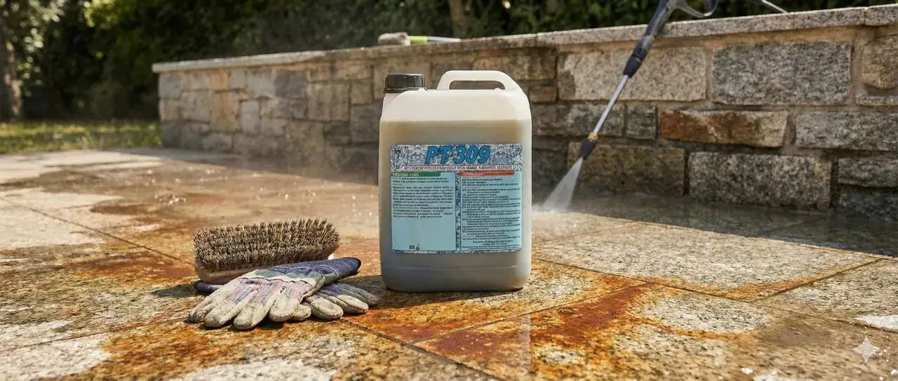 Un flacone di prodotto per pulire cemento con candeggina, guanti e spazzola giacciono sul patio macchiato, mentre un idropulitrice lava la pietra.