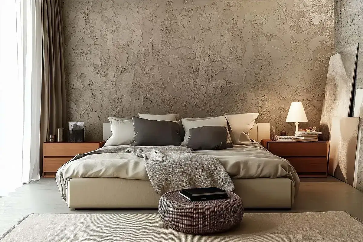 Camera da letto con parete decorata con texture materica, uno dei tanti tipi di pittura decorativa. Letto king-size, comodini in legno, lampada e pouf in rattan.