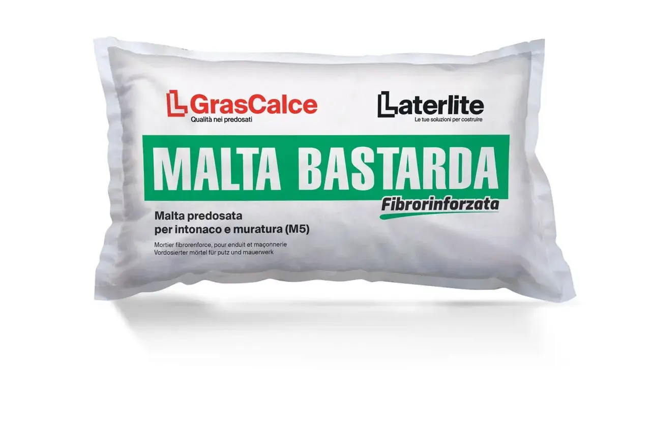 Sacco di malta bastarda fibrorinforzata per intonaco e muratura. Utile per lavori di costruzione e ristrutturazione.
