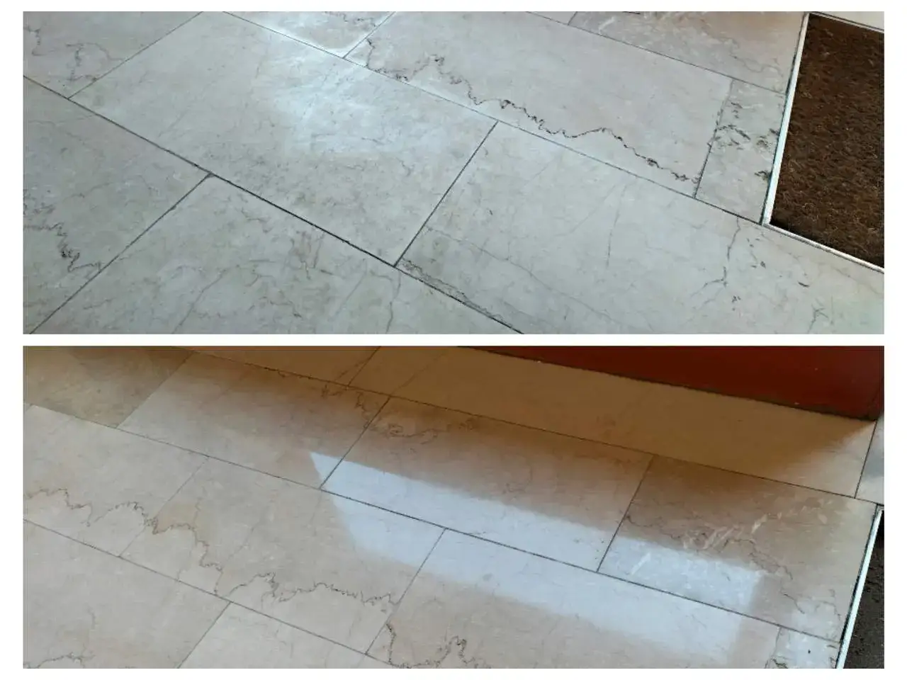Prima e dopo: come lavare pavimento in marmo per farlo brillare. Il marmo opaco diventa lucido e riflette la luce.