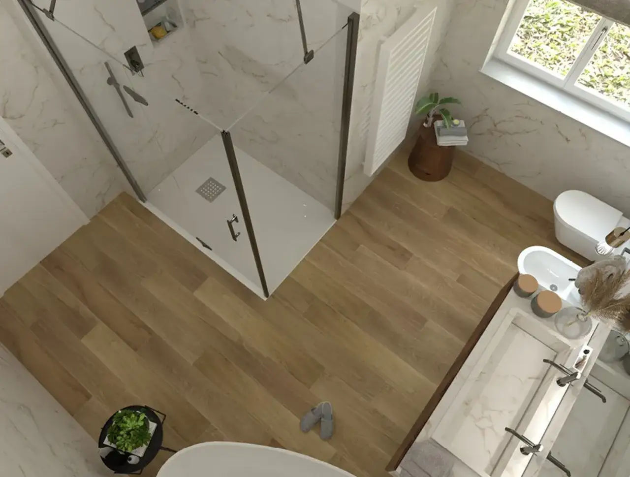 Bagno moderno con doccia walk-in, lavabo doppio e bidet. Il pavimento in finto legno e le pareti in fap gres porcellanato effetto marmo creano un ambiente elegante.
