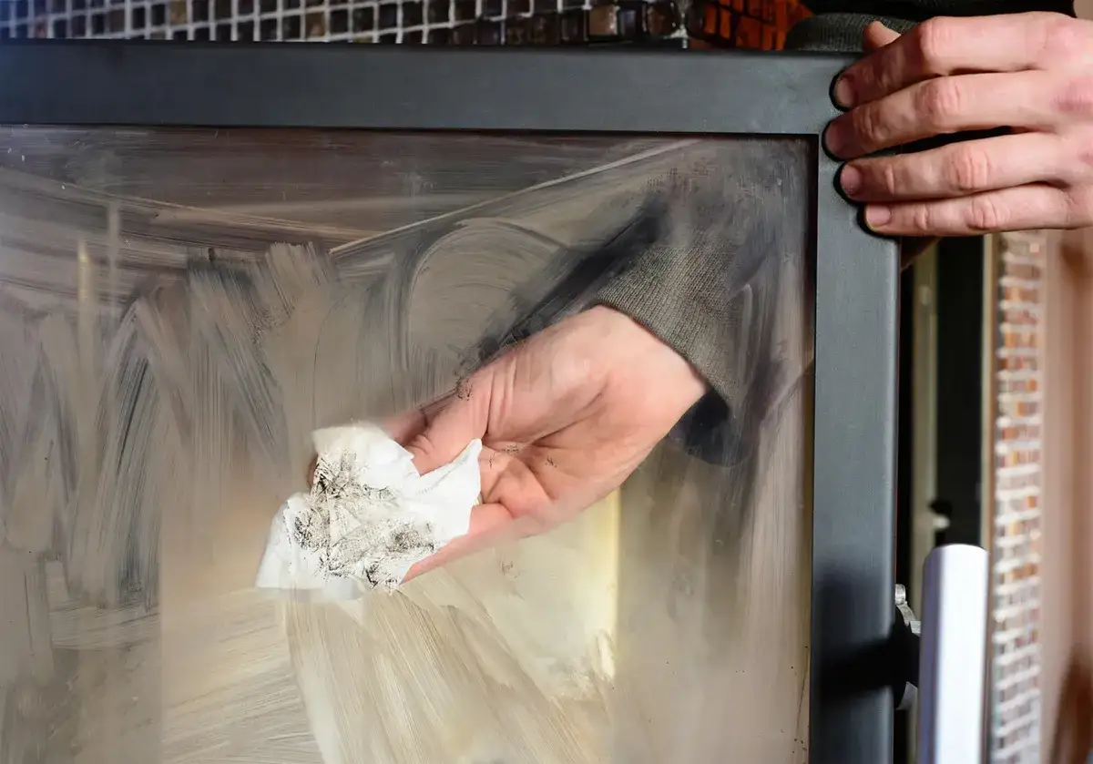 Mano che pulisce il vetro di una stufa a pellet fai da te con un panno sporco di fuliggine.